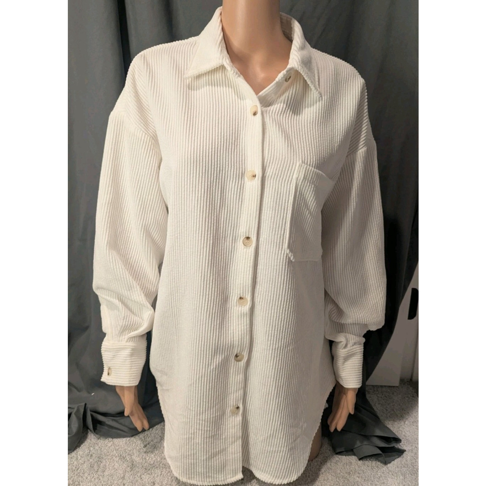 White Fox Oversized Corduroy S/M Off White Ribbed Shacket Button Up